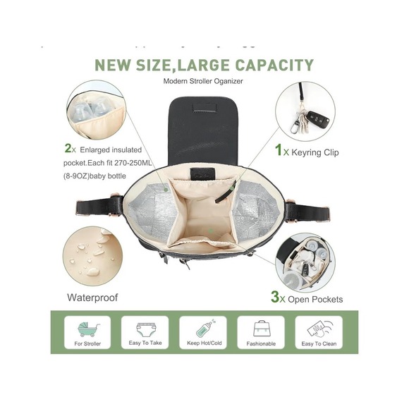 Vegan Leather Stroller Organizer - Universal Fit, Gold Hardware, Insulated - Picture 3 of 12